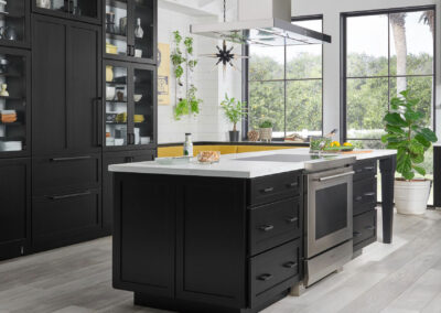 Modern kitchen with black shaker cabinets, large island, glass display uppers, and white quartz countertops.