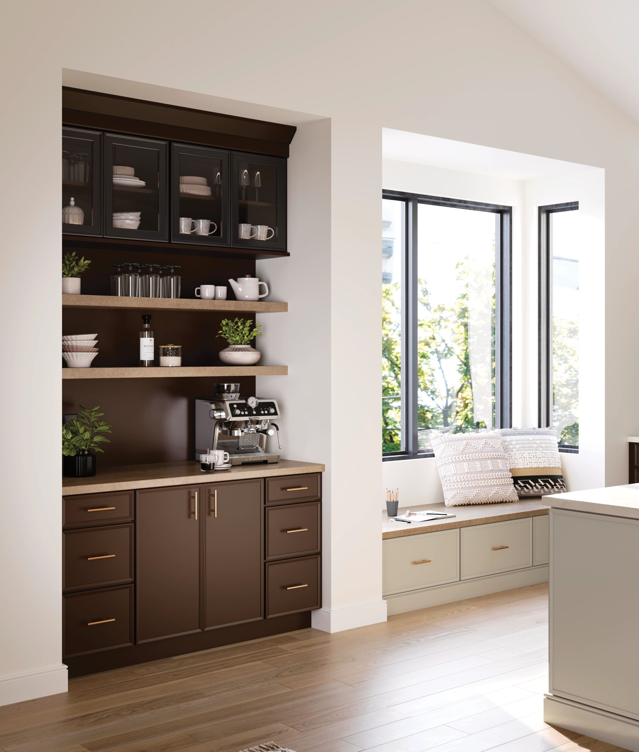 Tilt-out laundry hamper cabinet with a fabric-lined basket holding clothes, set in a dark wood vanity with rolled towels and a potted plant nearby.