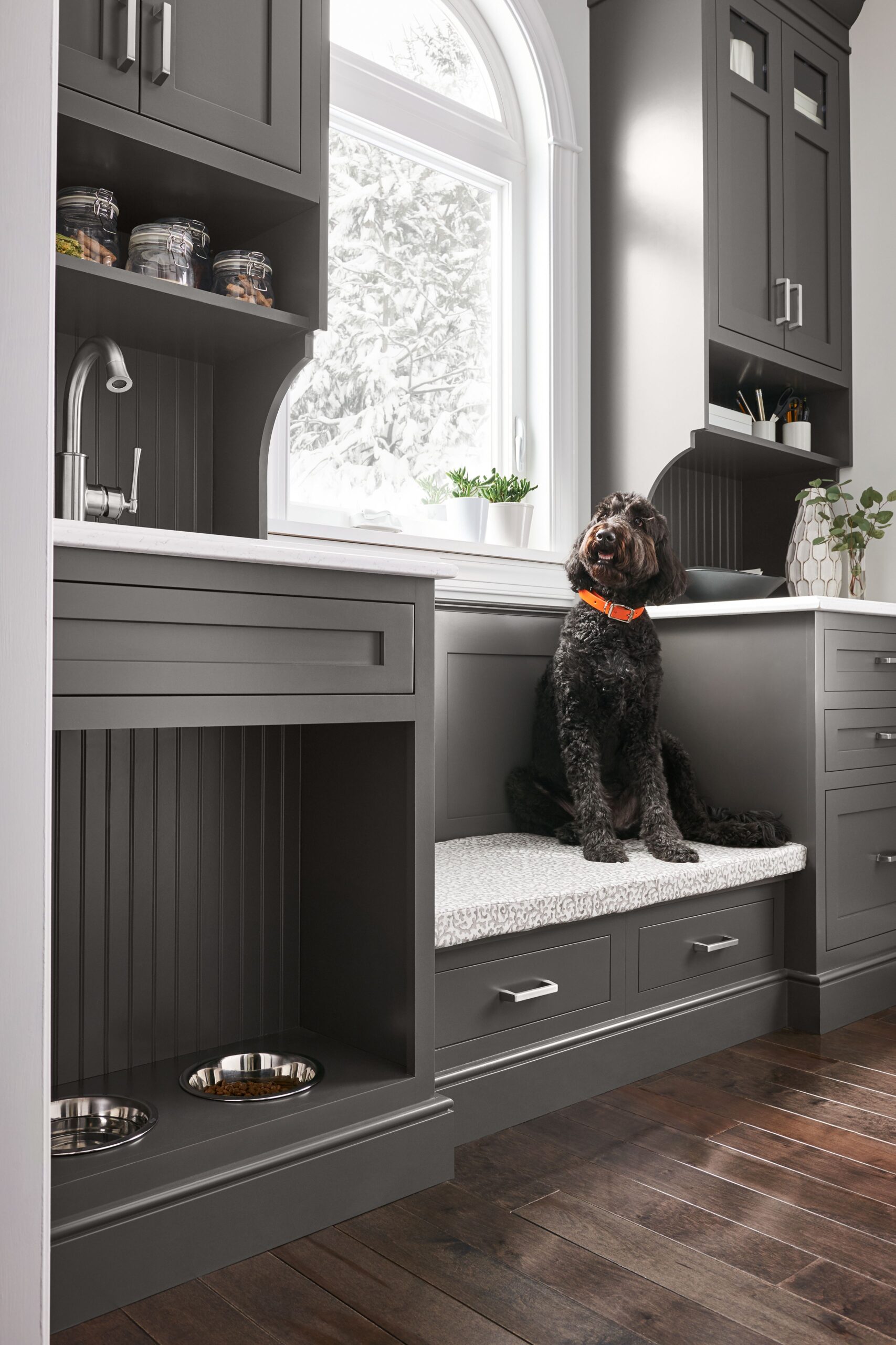 Blue mudroom with built-in bench, storage cubbies, and coat hooks.